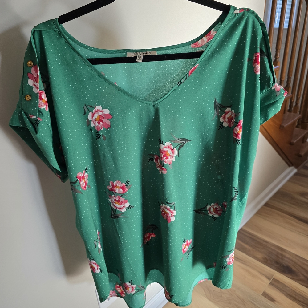 Cato Green Floral Blouse with Pink Accents
